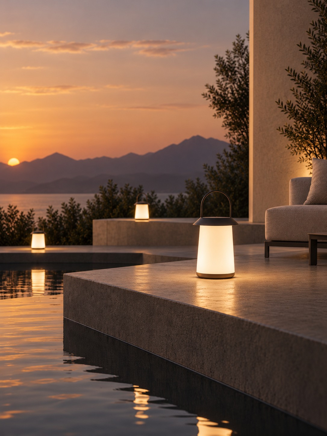 Outdoor lanterns illuminating a poolside terrace at sunset