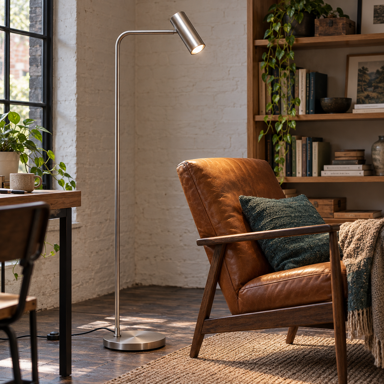 Sleek floor lamp highlighting a vintage armchair's elegance.