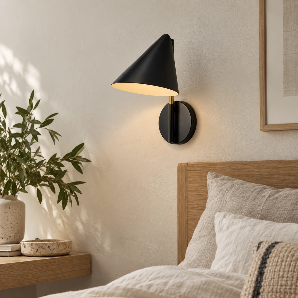 Stylish wall sconce adds warmth to the bedroom atmosphere.