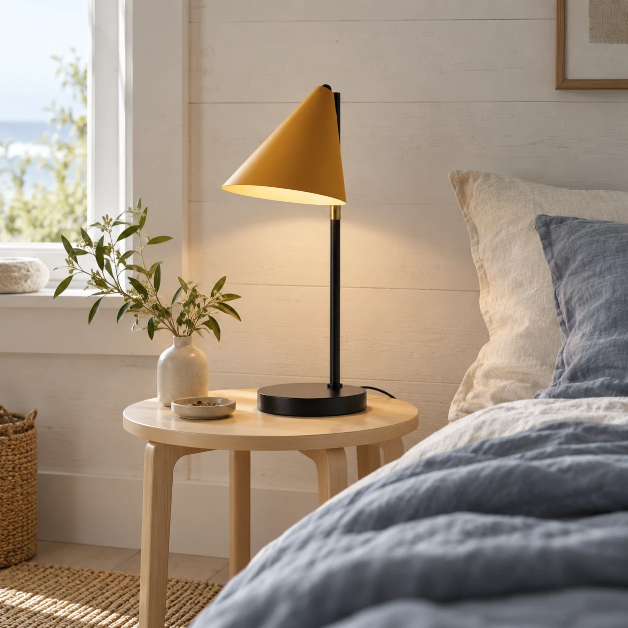 Vibrant yellow lamp enhances a serene bedside setting.