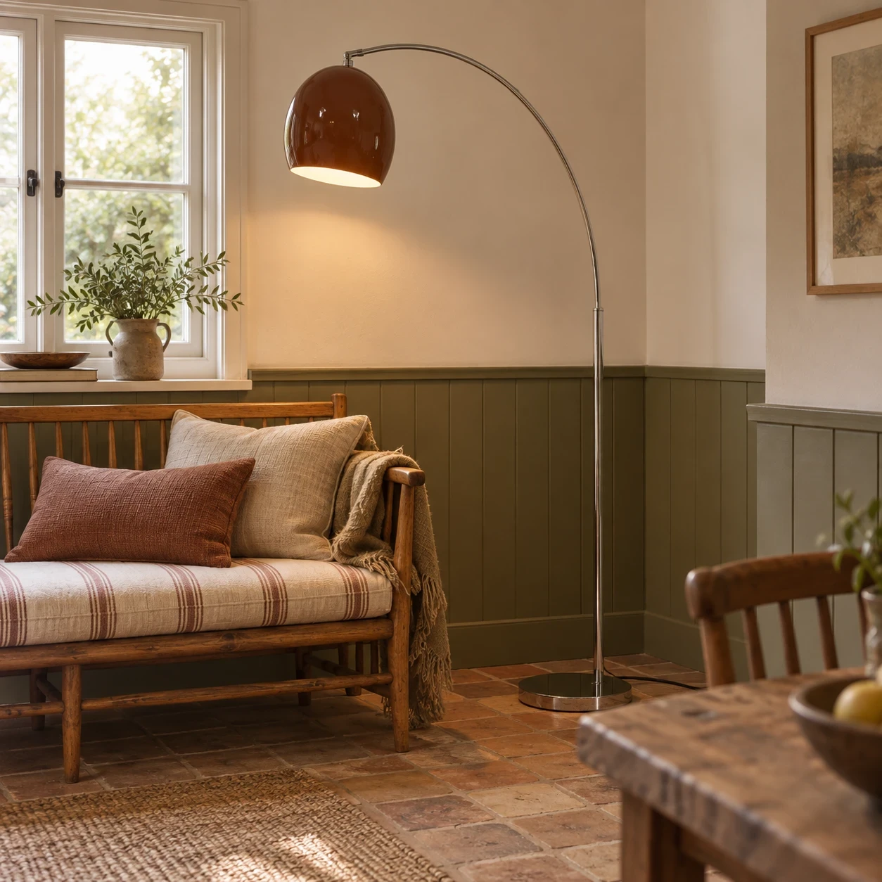 Chic arc lamp adding charm to a rustic seating area.