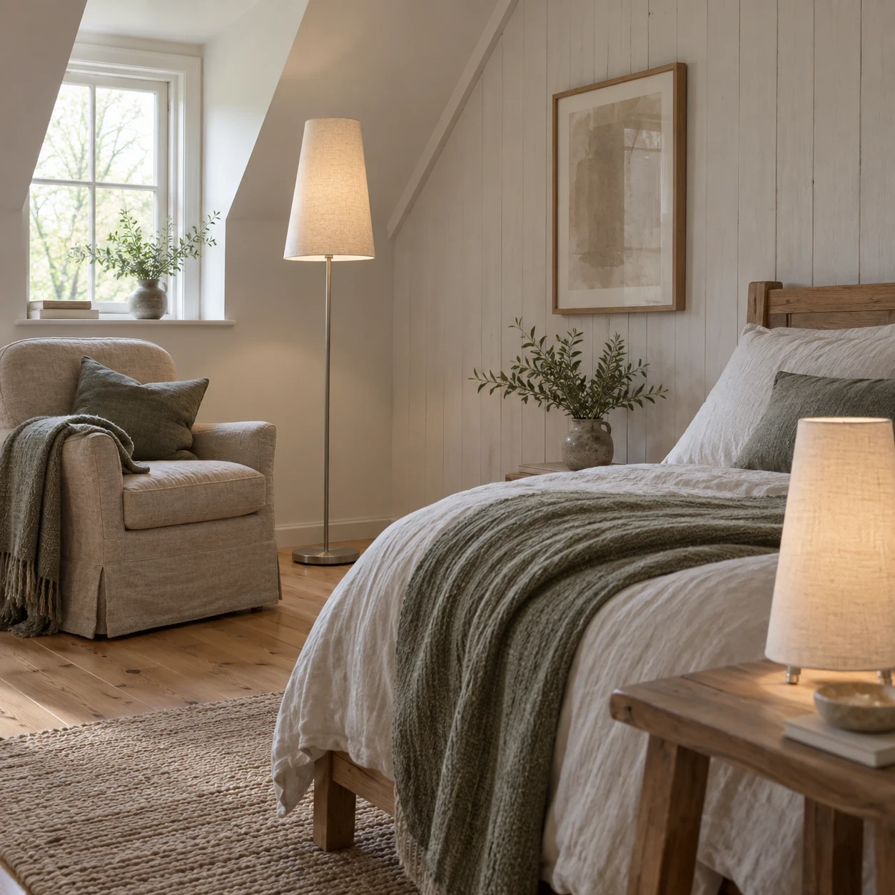 Chic floor and table lamps creating a warm bedroom atmosphere.