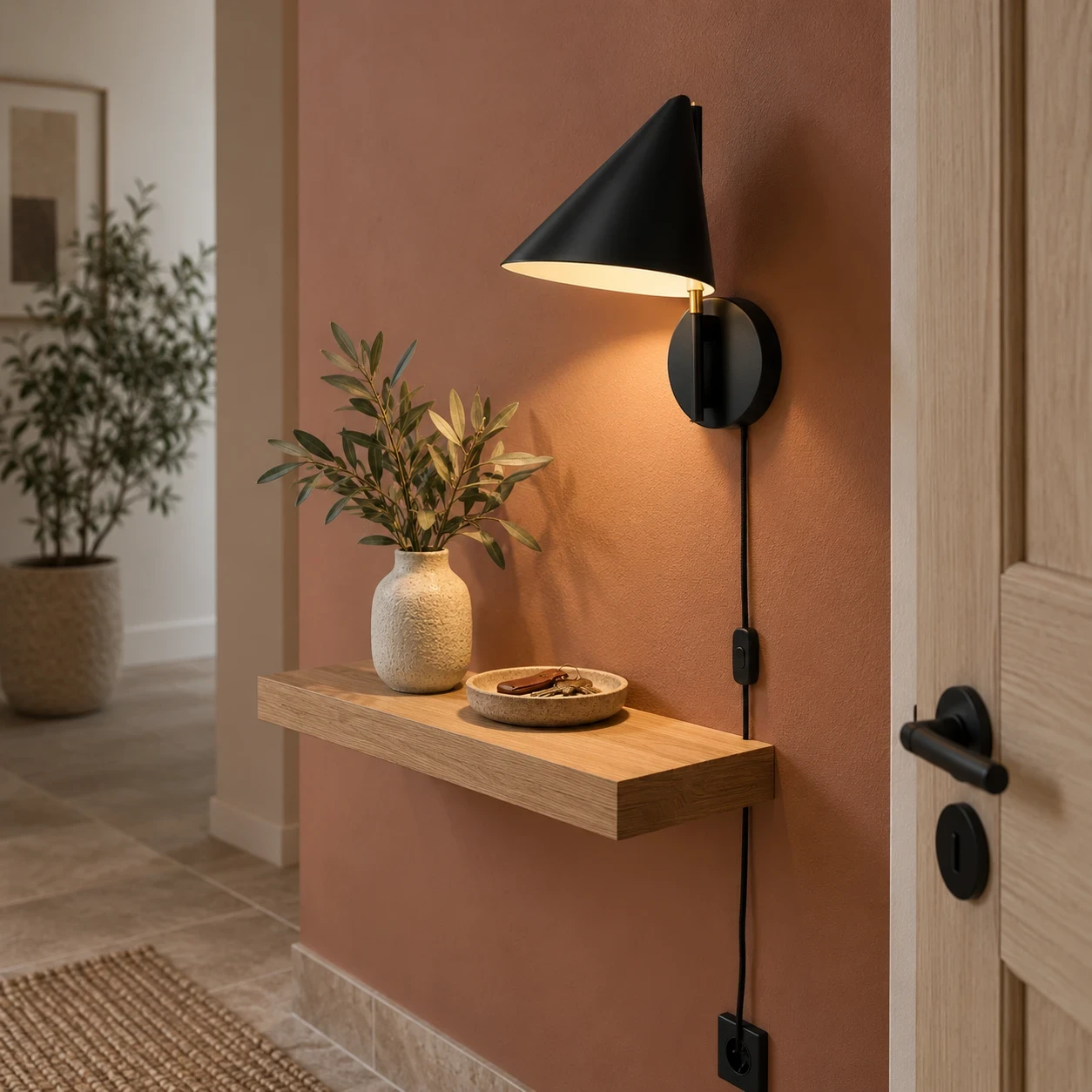 Chic wall lamp complements earthy tones in an entryway.