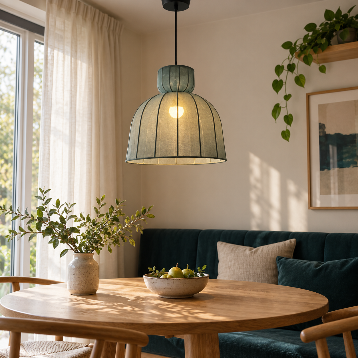 Charming pendant light casting a warm glow in a sunny corner.