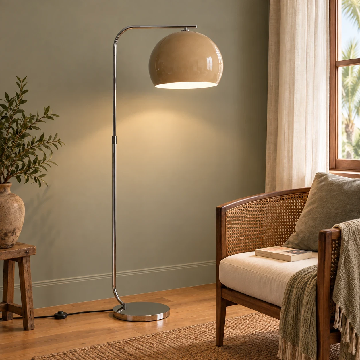 Curved floor lamp illuminating a cozy living room.