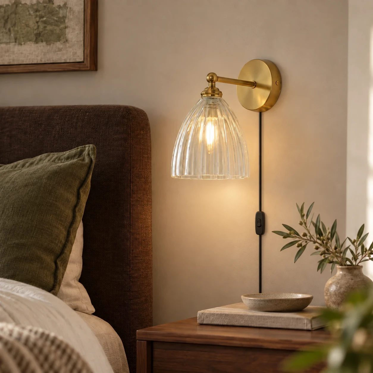 Glass sconce enhances bedside charm and ambiance.