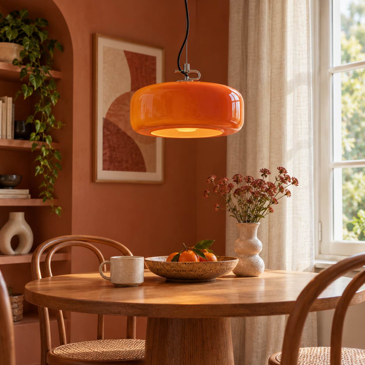 Vibrant orange pendant light over a warm dining table.