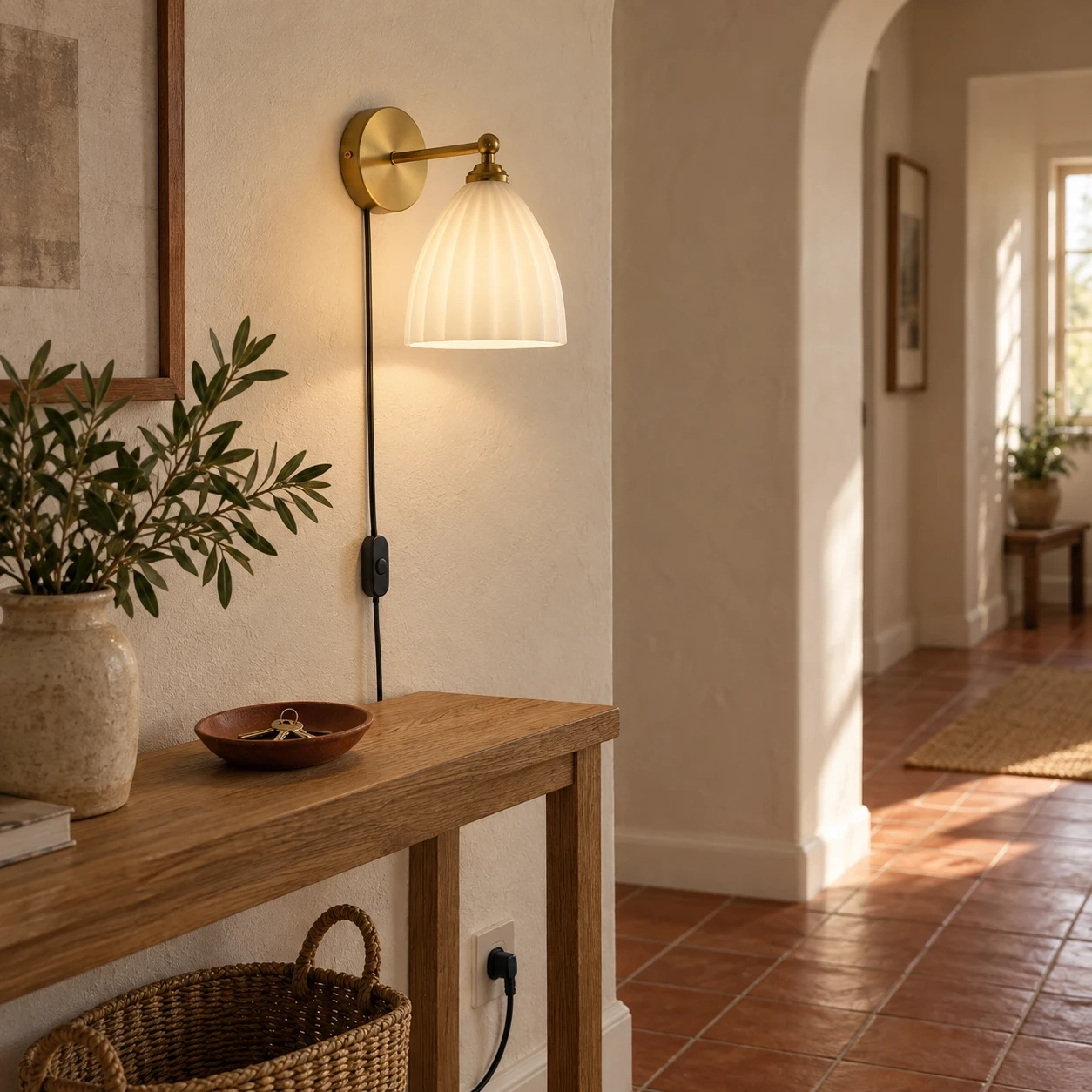 Elegant wall sconce adds warmth to hallway.
