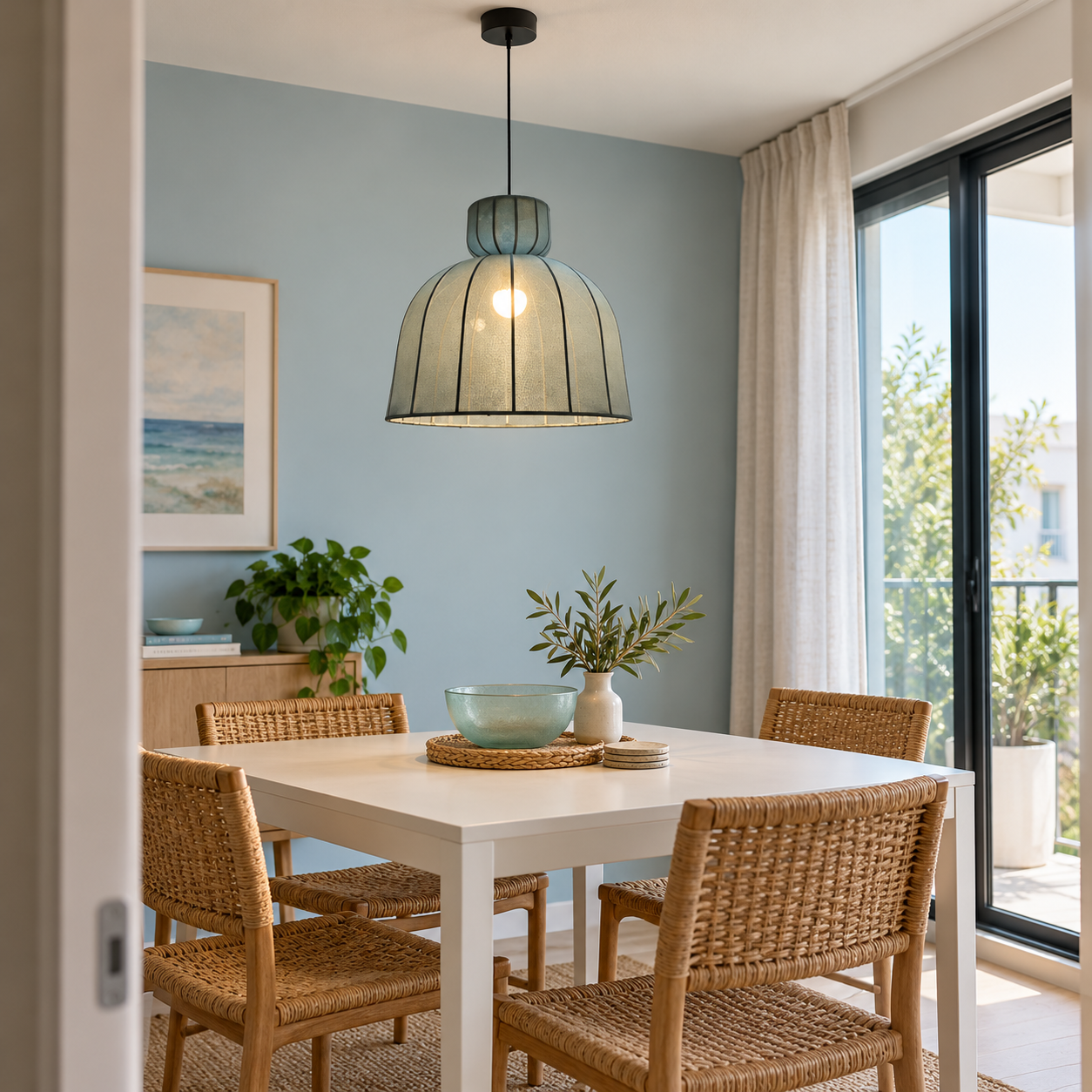 Glass pendant light brightening a casual dining space.