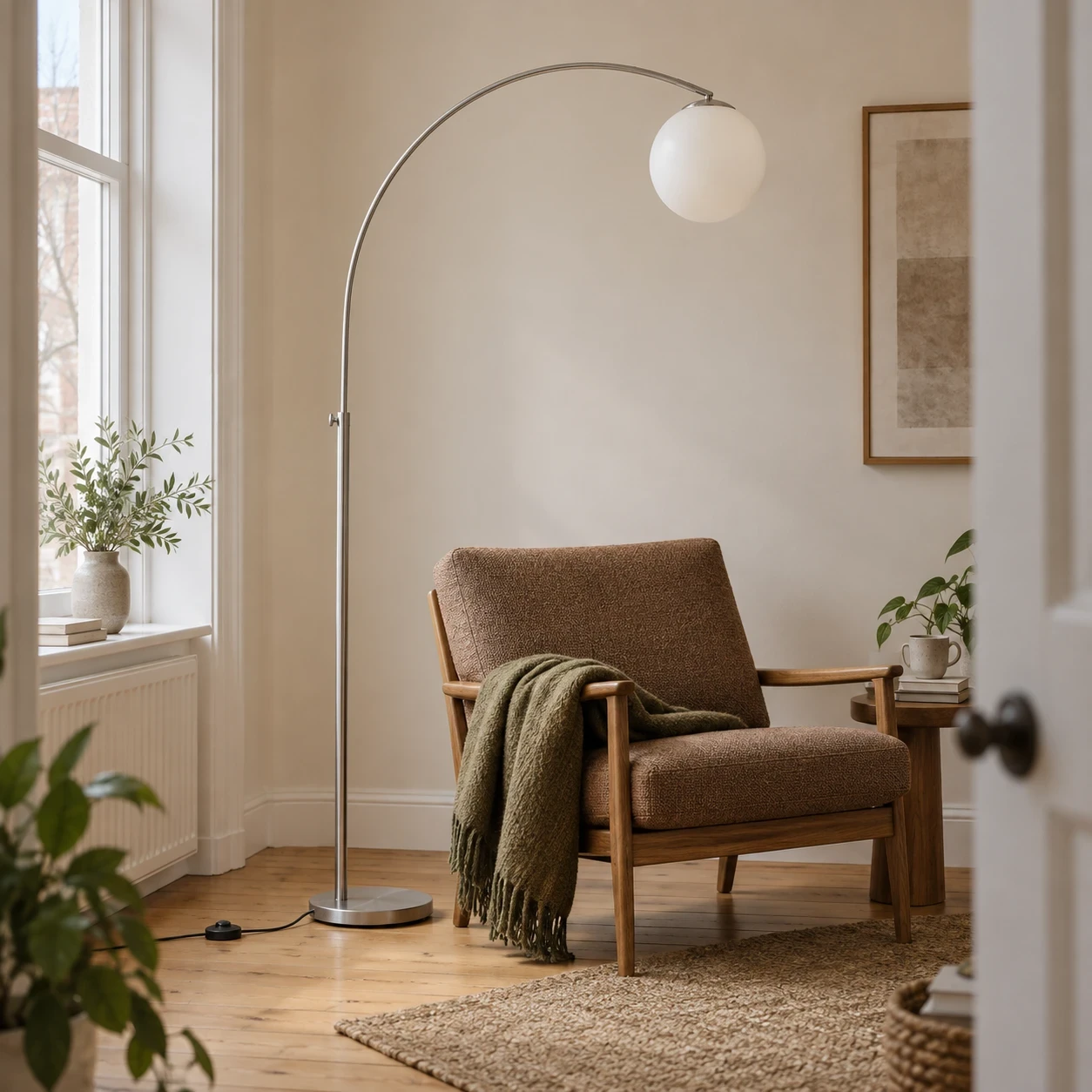 Curved floor lamp provides soft light near armchair.