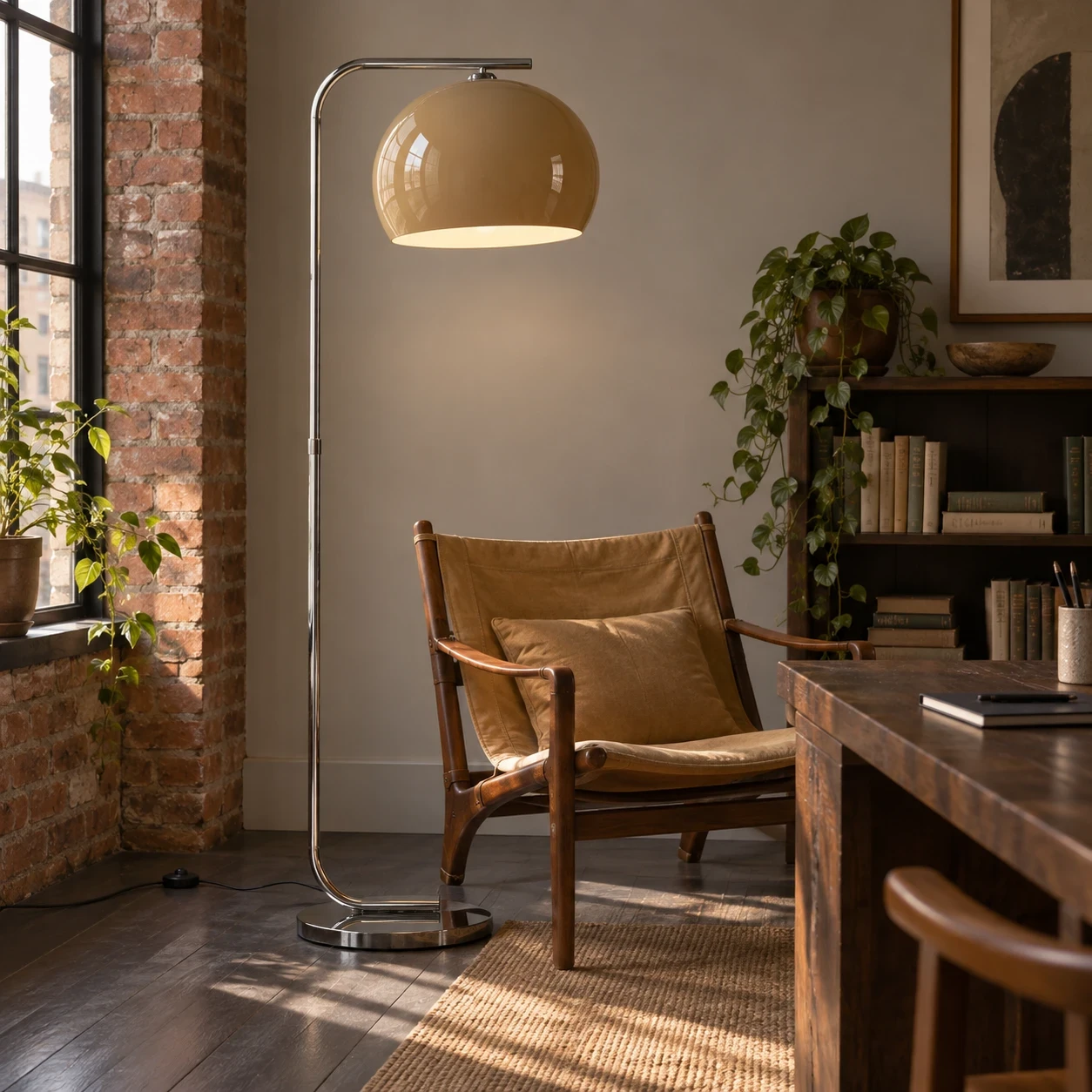 Sleek floor lamp accentuating a vintage-inspired reading nook.