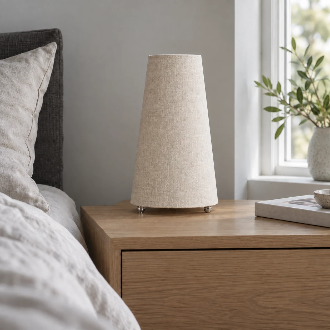 Elegant table lamp enhancing a serene bedroom ambiance.